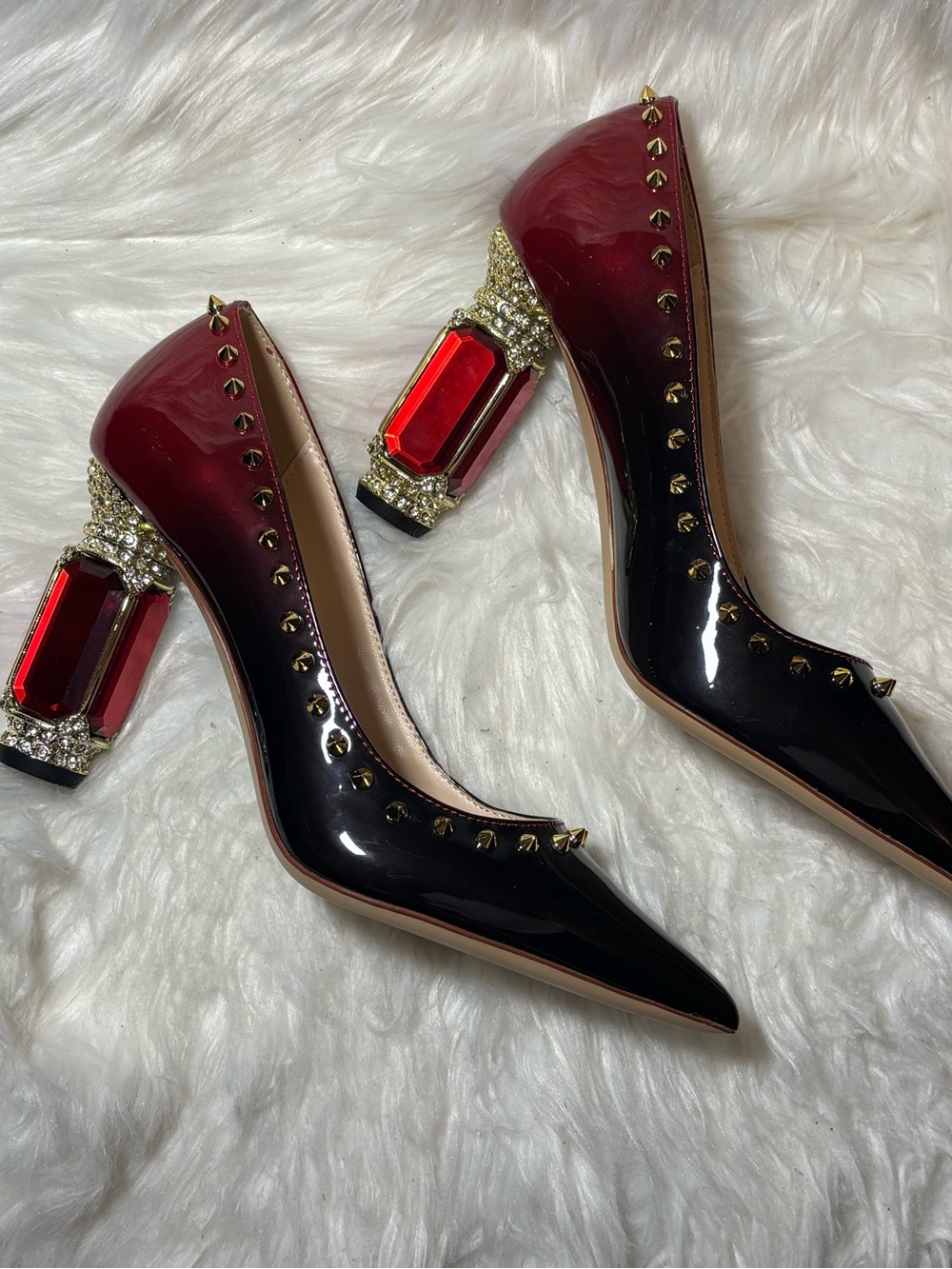 FSJ - Pointed Toe Chunk High Heel in Red & Black Gradient w/Studs & Rhinestones